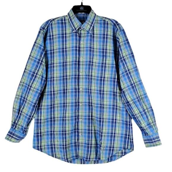 Peter Millar Crown Sport LS Button Down Shirt Men L Plaid Blue Green White Multi - Picture 4 of 11
